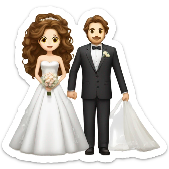 bride with brown long wavy hair, brown eyes, bride dress with sleeves. a tall groom with suit, yamaka sticker