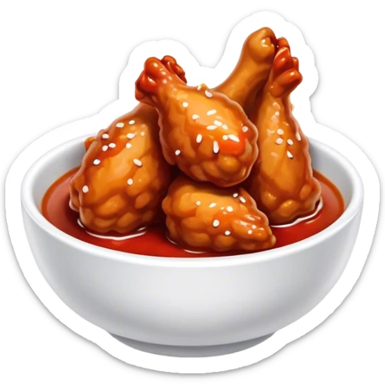 Korean Fried Chicken Cinematic Realistic Korean Fried Chicken Dish Emoji, depicted as bite-sized chicken pieces generously coated in a glossy, spicy sauce, in a bowl. sticker