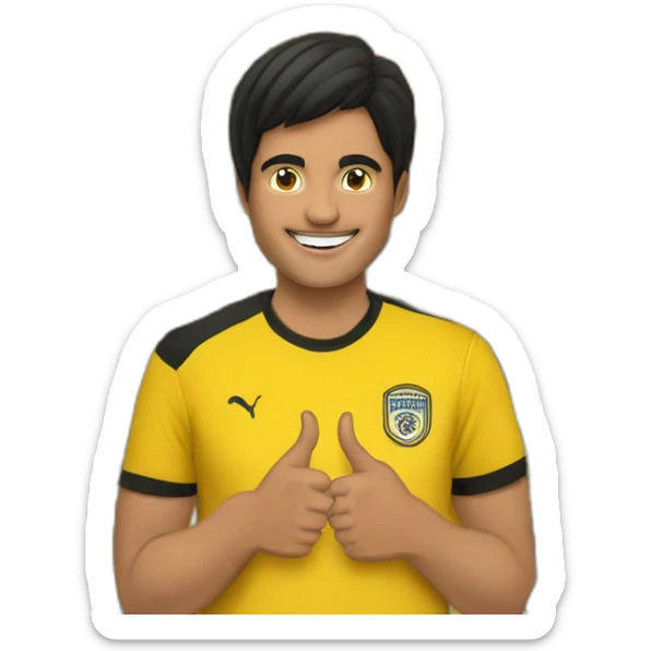 Football Club Supporter yellow and black pattern t-shirt thumbs up indian boy black hair half body sticker