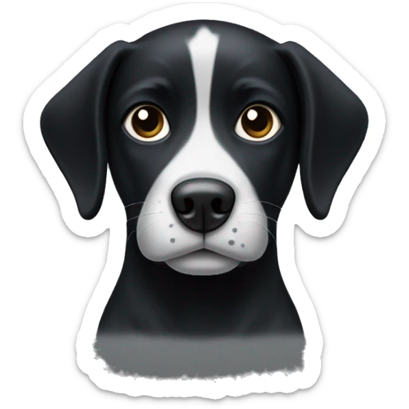black dog with white paws (spots of black on the white) and a white line going down from between their eyes to the top of their nose  sticker
