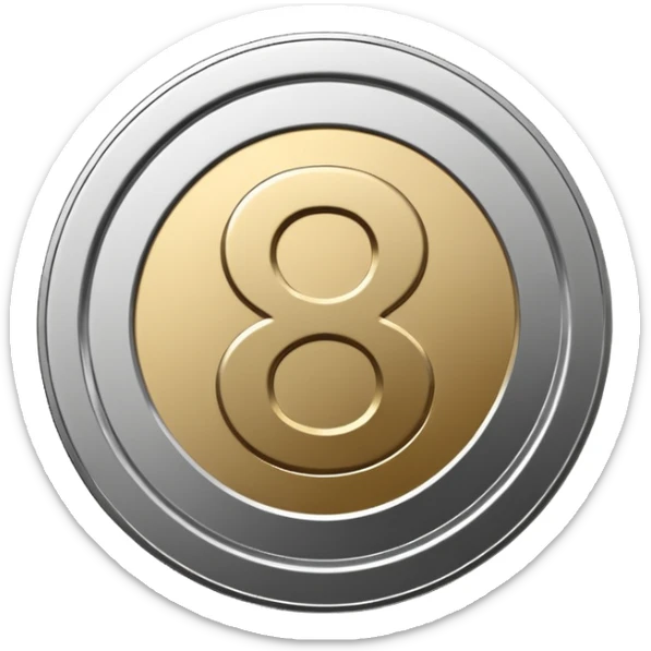 Emoji icon of a metal coin with engraved number 8, minimalist style, isolated, only metal color sticker