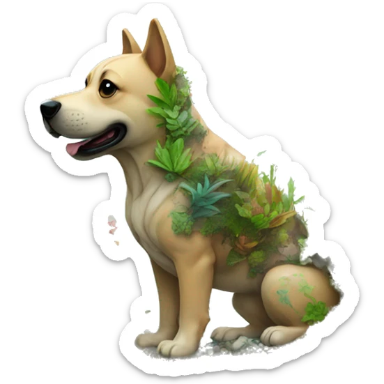 A dog made of glass filled with plants as a terrarium with graffiti doodles sticker