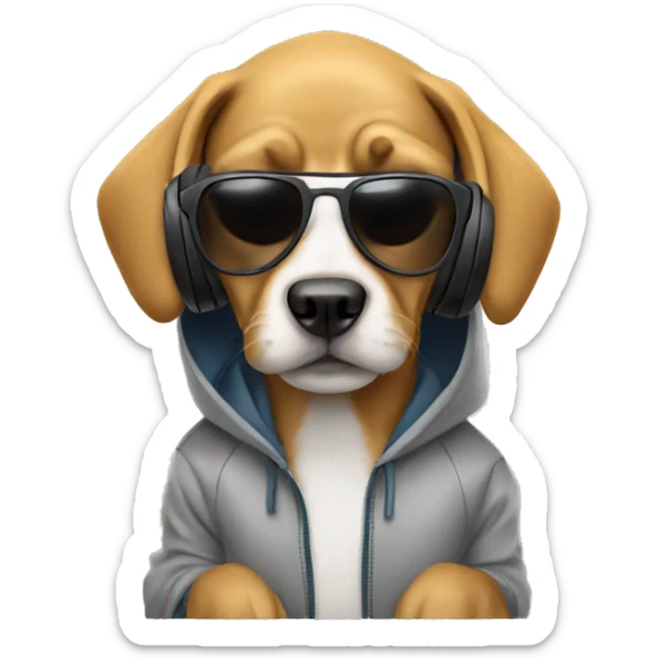 Dog wearing a hoodie with headphones and sunglasses sticker