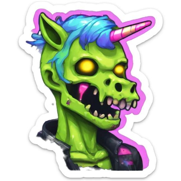 Pixel art of Zombie Vaporwave black holographic oilslick zombie unicorn yellow caution tape sticker