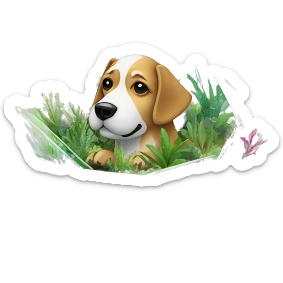 A dog made of glass mirror crystals prisms glass transparent filled with plants as a terrarium with graffiti doodles sticker