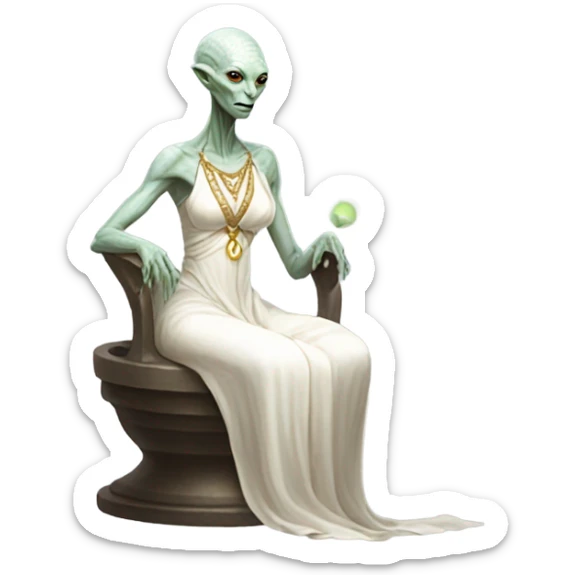 a Reptilian alien woman,in meditation, white dress like a priestess sticker