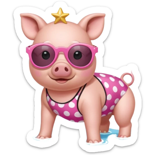 cute pig wearing  star-shaped sunglasses and polka dot bathing suit on all fours  sticker