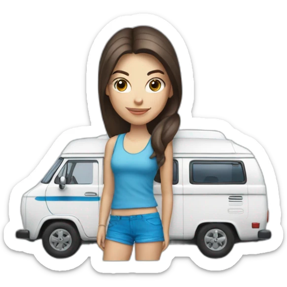 Hip white blue-eyed brunette woman with a sporty camper van sticker