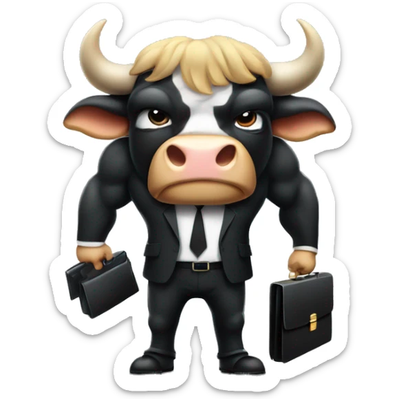 big muscular bull wearing black suit and holding a briefcase full of money with angry face sticker