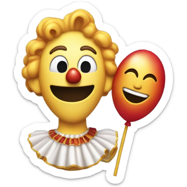 smiling emoji holding a clown prop to its head, with the word bang coming out the other ear sticker