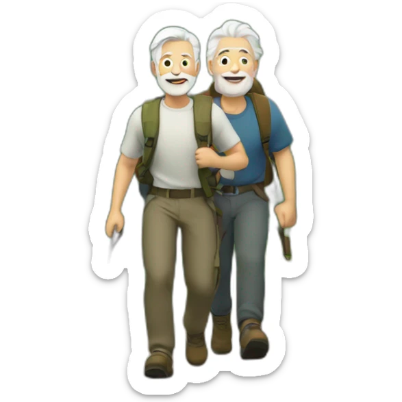 Older men with white hair and younger man with brown hair and a beard hiking up a hill sticker
