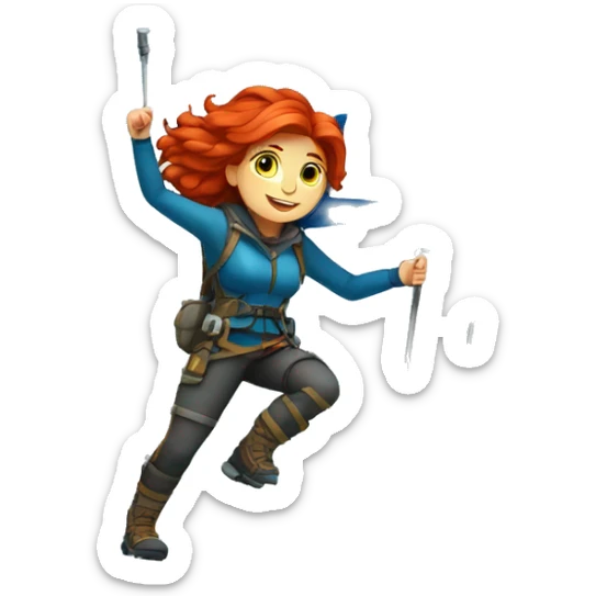 a red hair female mountaineer summitting ice peak with greek flag sticker