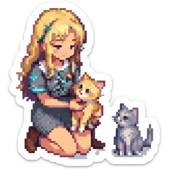 Remix using this girl as the character, petting a gray and blonde mixed cat in pixel art style. The girl is kneeling and the cat is looking up. sticker