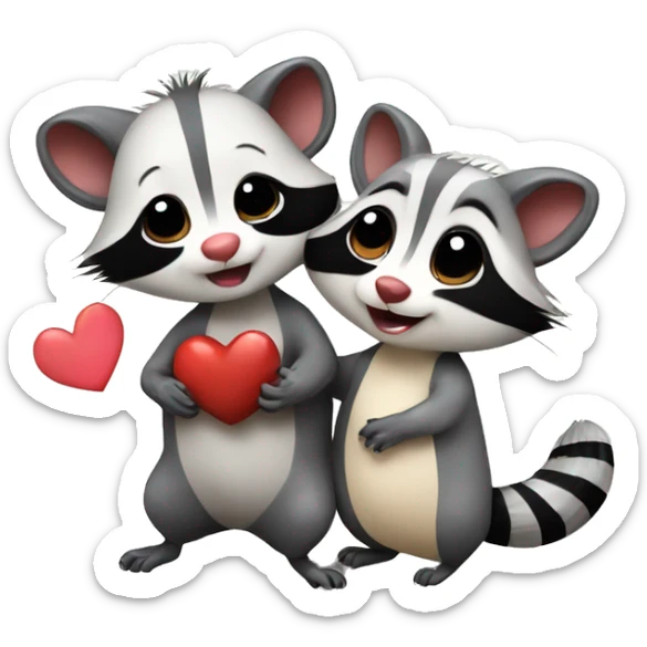 Opossum and raccoon cute couple in love with heart sticker