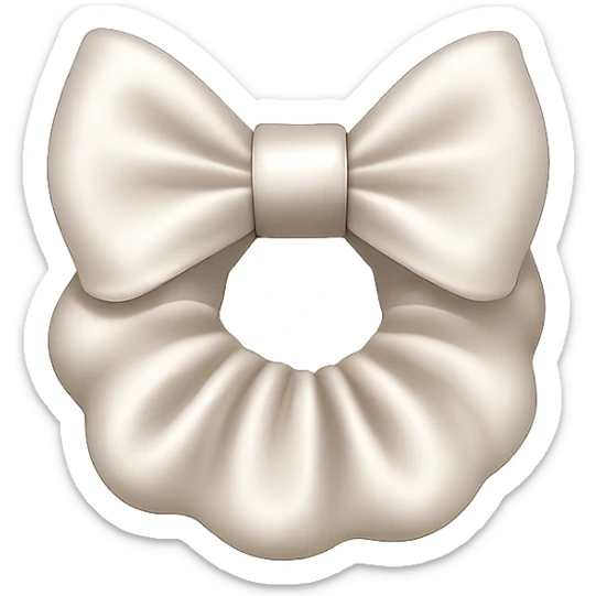 Make the silky white scrunchie with a bow smaller in the style of emoji, keeping the silky texture, white color, and bow detail, with no background. sticker