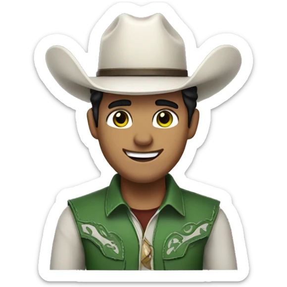 cowboy with black hair and green eyes, white fur and smile and col clth sticker