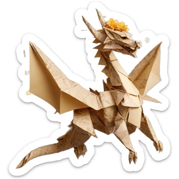 Sparkling patterned Beige Origami dragon with a dried flower crown made of newspapers intricate patterns surrounded by fairy lights sticker