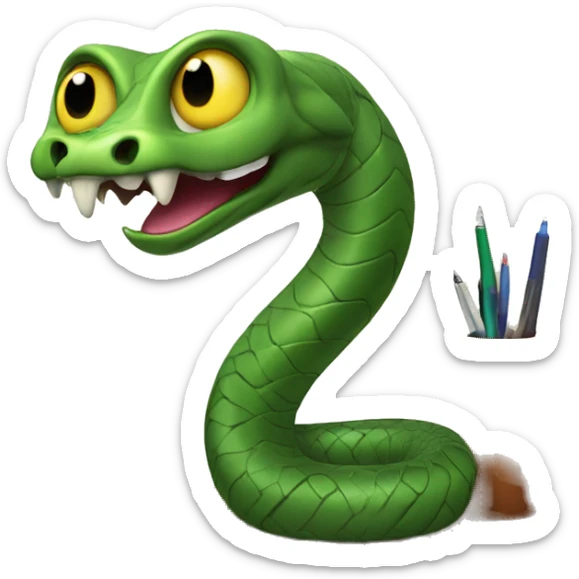 A snake on a desk. The snakes head should be replaced with a lamp. The snakes tail should be connected to a battery sticker