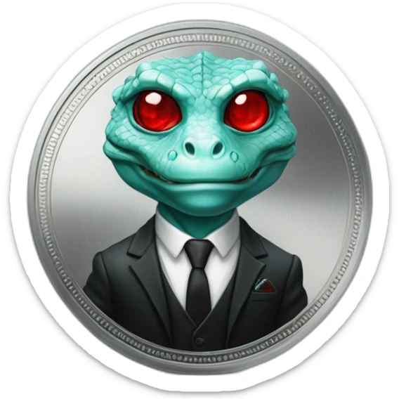 Aquamarine reptilian in classic black suite with red laser eyes on the middle of platinum coin sticker