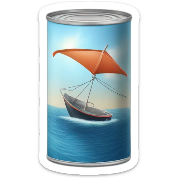 realistic can of tuna fish sowing the shape of a sailling boat on a sea background sticker