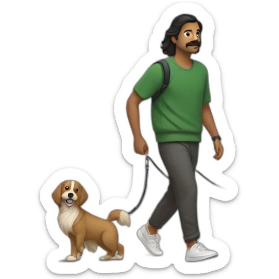 an indian man wearing a green sweatshirt, beige shoes, long hair, no beard, black shorts, walking, side profile, one hand raised slightly below waist level with leash in hand but no dog sticker