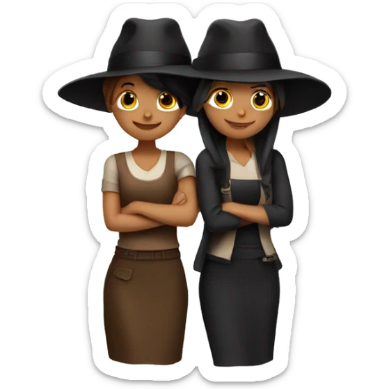 Two girls hugging, one with long brown hats and the other with long black hats sticker