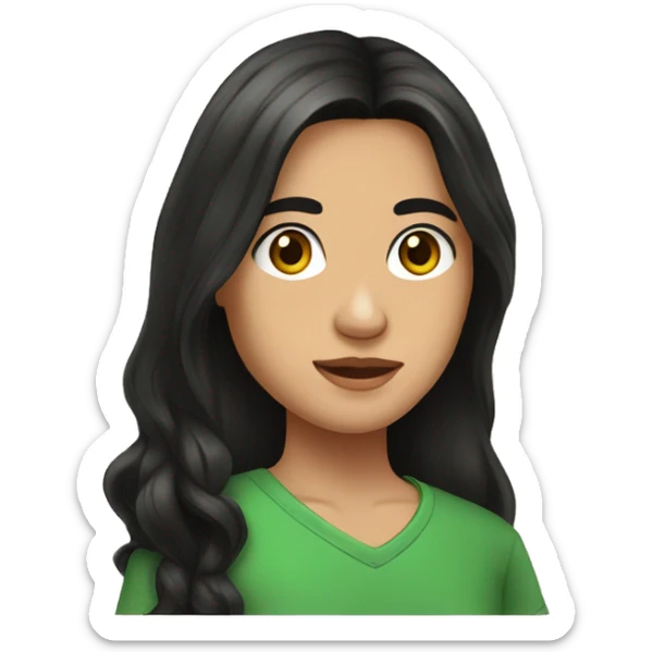 Mexican student with long black hair, brown eyes, green shirt, hook earrings sticker