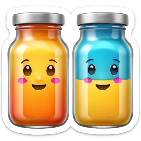 two small glass jars with metal lids filled with colorful purée no label or extras soft lighting subtle shadows emoji scale sticker