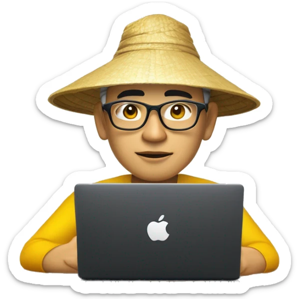 A memoji-style Vietnam man with yellow skin, wear nearsighted glasses, a traditional Vietnamese conical hat , black shirt, sitting at a desk, a cup of coffee in desk, typing on keyboard, laptop with a logo styled as '</>' in front front like macbook sticker