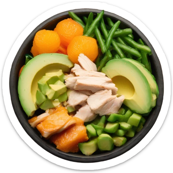 Poke bowl with chicken, cut avocados, mandarins, cucumbers and green beans; side view sticker