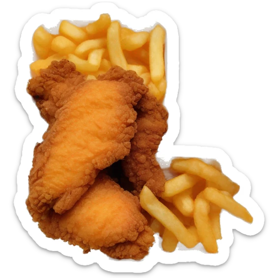 3 chicken tenders with crinkle fries and orange sauce on the side in a styrofoam container styrofoam container sticker
