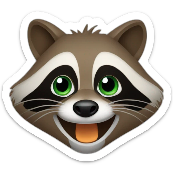 brown raccoon with orange eyes and a dark green hood that is laughing sticker