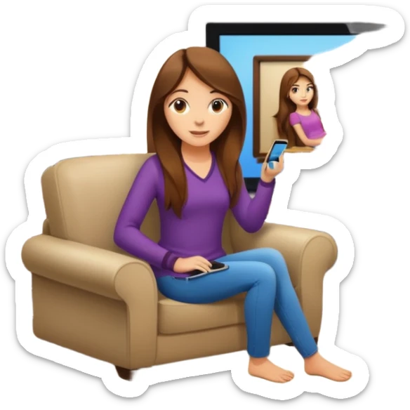 beautiful girl with long brown hair constructing new lounge room area with flat screen tv and couch sticker