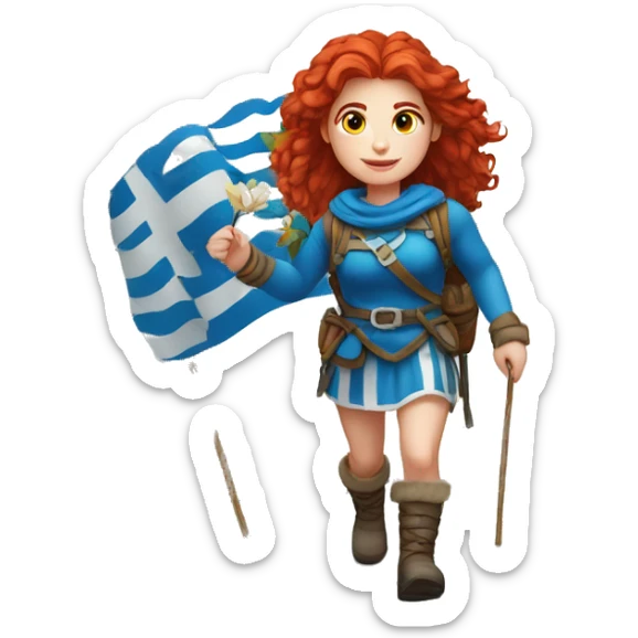 Greek Female winter mountaineer red hair white skin climbing with Greek Flag and Easter eggs basket sticker