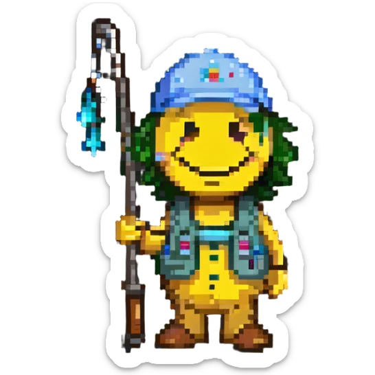 smiley face holding a fishing pole and wearing a fishing cap sticker