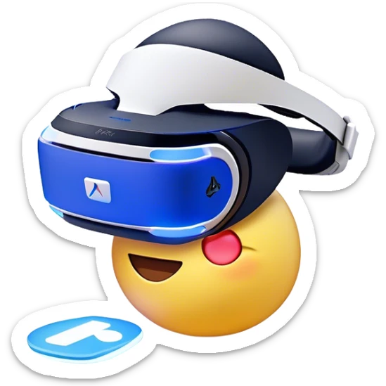Clash of Clans aesthetic: Cinematic Playful PlayStation VR Headset Portrait Emoji, rendered in a 3D vector-style similar to standard emojis with minimal shading and bold, simplified shapes. A compact, distinct form with signature details, softly glowing with a cutting-edge console technology charm. Simplified yet unmistakably iconic, highly detailed and consistent, glowing with a soft radiance and high shine. Stylized with a touch of technological advancement and a soft glowing outline, capturing the essence of a beloved gaming relic with a friendly, playful manner! sticker