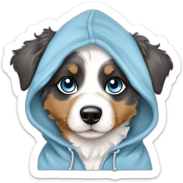 baby dog ​​with blue eyes, merle color, Australian Shepherd breed, with a hoodie sticker