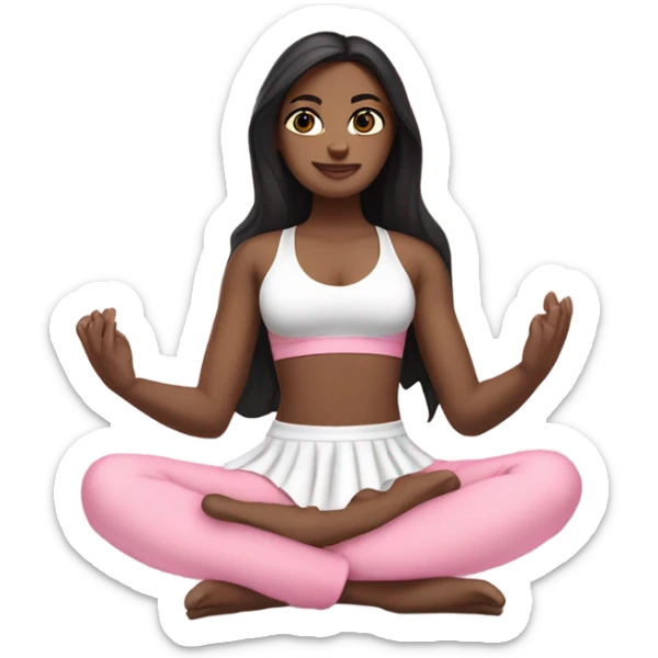 A white girl with brown eyes and black long hair,  is sitting in a lotus position in a pink bra top and short white skirts sticker