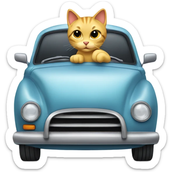 A cartoon emoji-style car with a curious cat peeking out from the open hood of the engine compartment. sticker