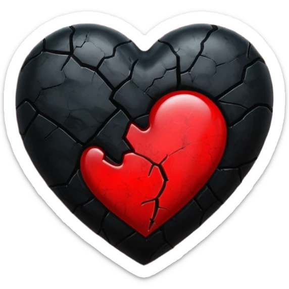 iOS style emoji, dark fantasy heart, black cracked heart, red inner glow, glossy sticker