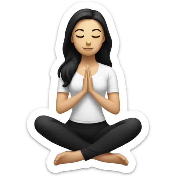 White girl with black hair meditating in butter top and black leggings sticker