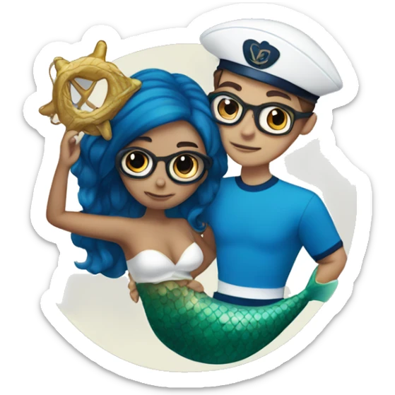 a sailor with brown hair and glasses lifting a mermaid with blue hair sticker