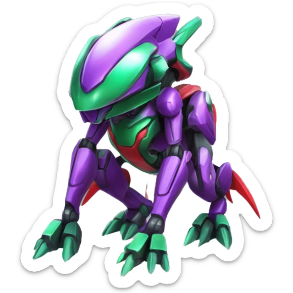 a shiny purple-green-red Genesect-Raptor-Fakémon—hybrid with a futuristic visor-helmet full body sticker