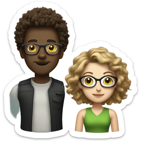 black male with spikey hair and glasses and white female with brown wavy hair , green eyes and glasses sticker
