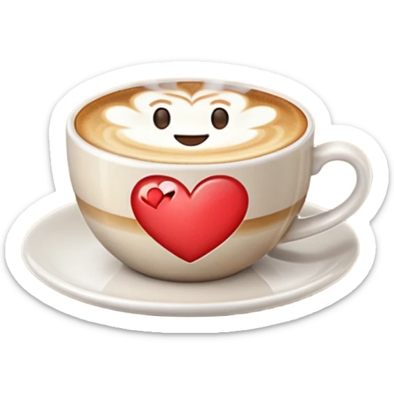 cappuccino cup with a heart-shaped latte art on top, steam rising, cheerful emoji sticker