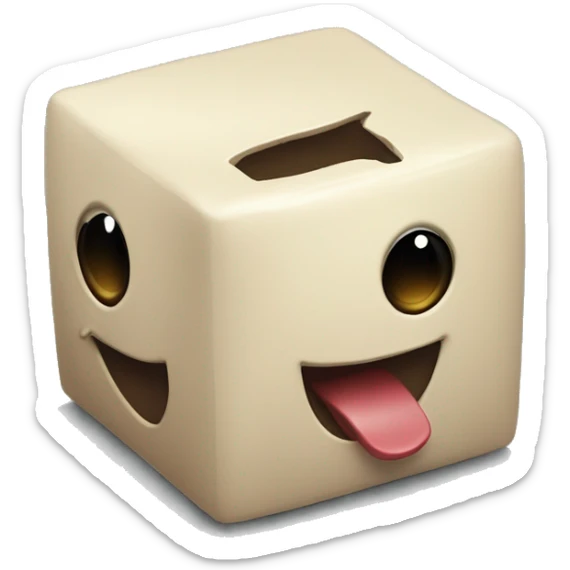 Image of a cube with no more than 3 sides but not quite 2. And there's aguy in there  a small one, he's looking at the camra in this scene .Wide eyes mouth being like "Oh, the cube!"Huge ball?s sticker