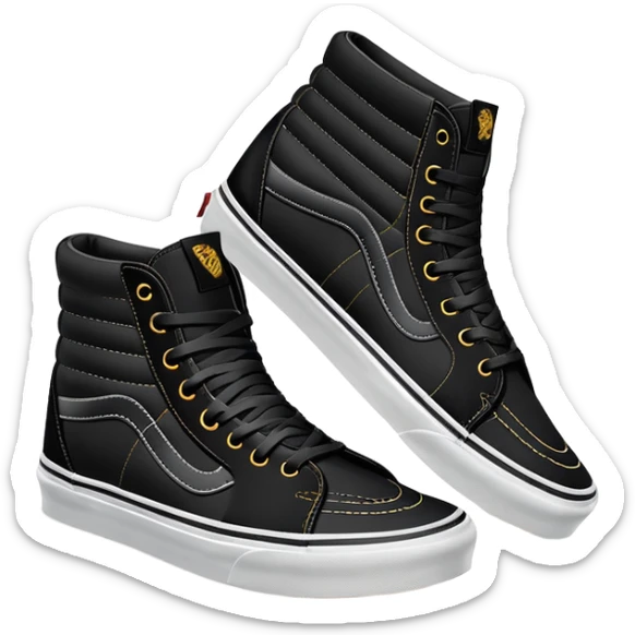 Ultra simplified pair of black Vans Sk8-Hi shoes in iOS emoji style, one positioned behind the other, flat colors, minimal design, essential details only sticker