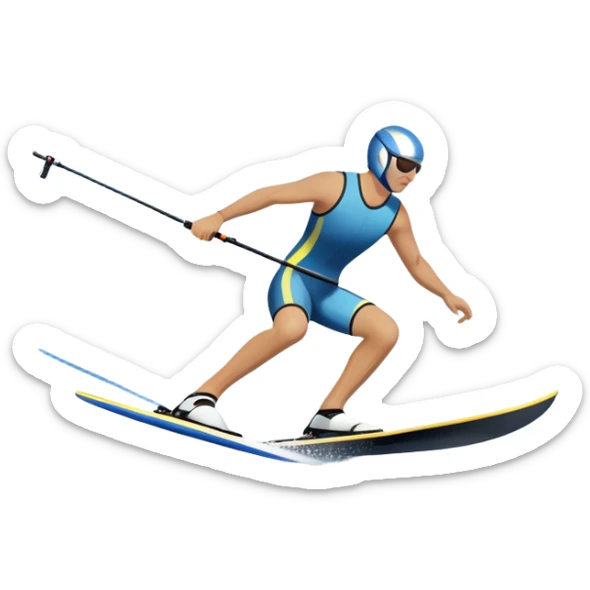 A humanless icon showing a pair of water skis skimming across the surface of a lake, with a skier in motion. The design includes a wake behind the skier, splashing water, and the sun reflecting on the water. Transparent background highlights the speed and thrill of water skiing. sticker