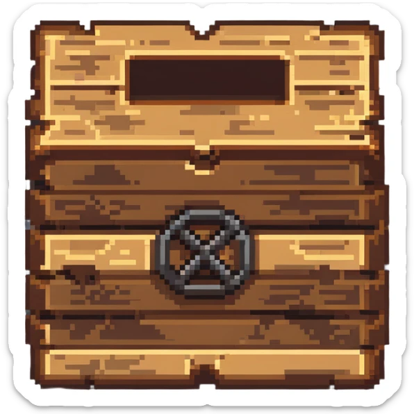 Flat 2D wooden crate with metal reinforcements, color #c2410c with darker wood grain, visible wood grain texture, metal bands across the crate, no perspective, flat 2D appearance, breakable look, simple warning symbol, 32x32 pixels sticker