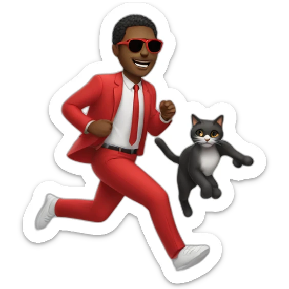 black man holding cat and running at the speed of light with red sunglasses on and a red suit sticker